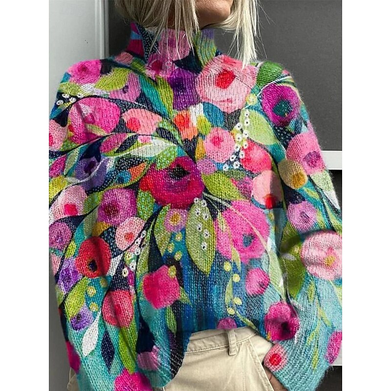 Women's Pullover Vacation Daily Floral Geometric Color Block Ribbed Turtleneck Print Long Sleeve Regular Tops Knit Outdoor Daily Holiday Black Navy Blue Fall Winter2