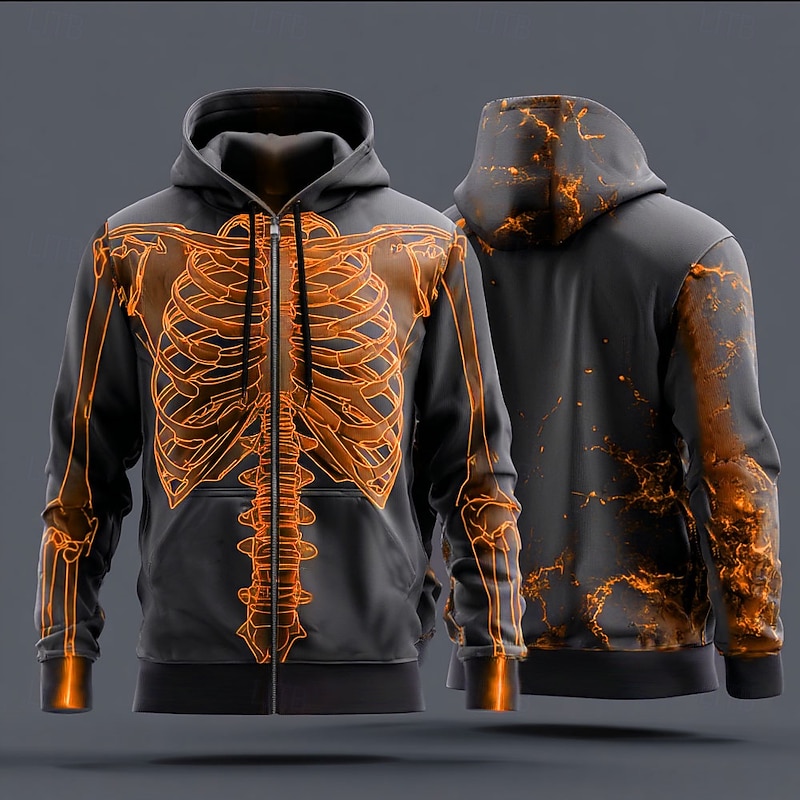 Halloween Men's 3D Skeleton Hoodie Sweatshirt Punk Cool Crew Neck Party Gift Streetwear Lake blue Red Drawstring Zipper Fall Winter Designer4