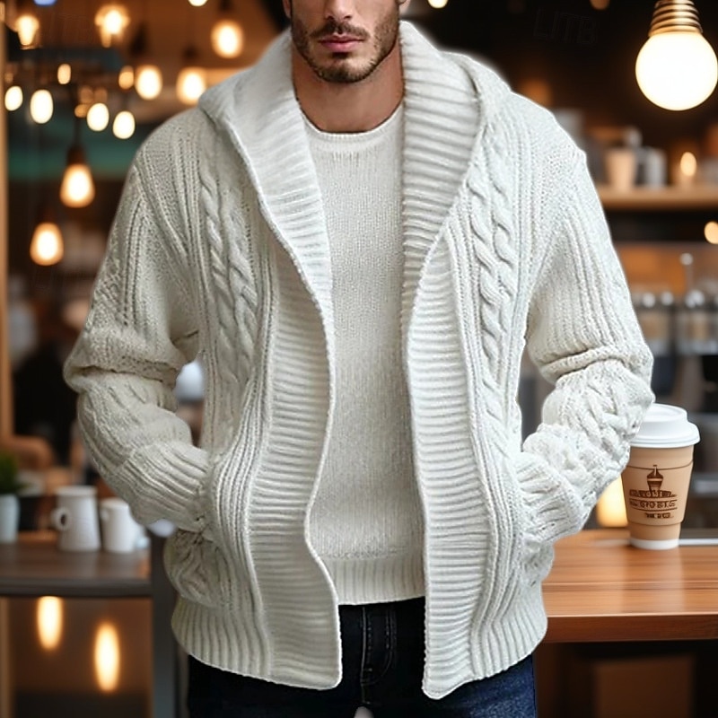 Men's Cardigan Sweater Cropped  Sweater Knit Sweater Ribbed Knit Regular Tops Plain Hooded Fashion Classic Vacation Daily Wear Clothing Apparel Fall Winter White khaki M L XL