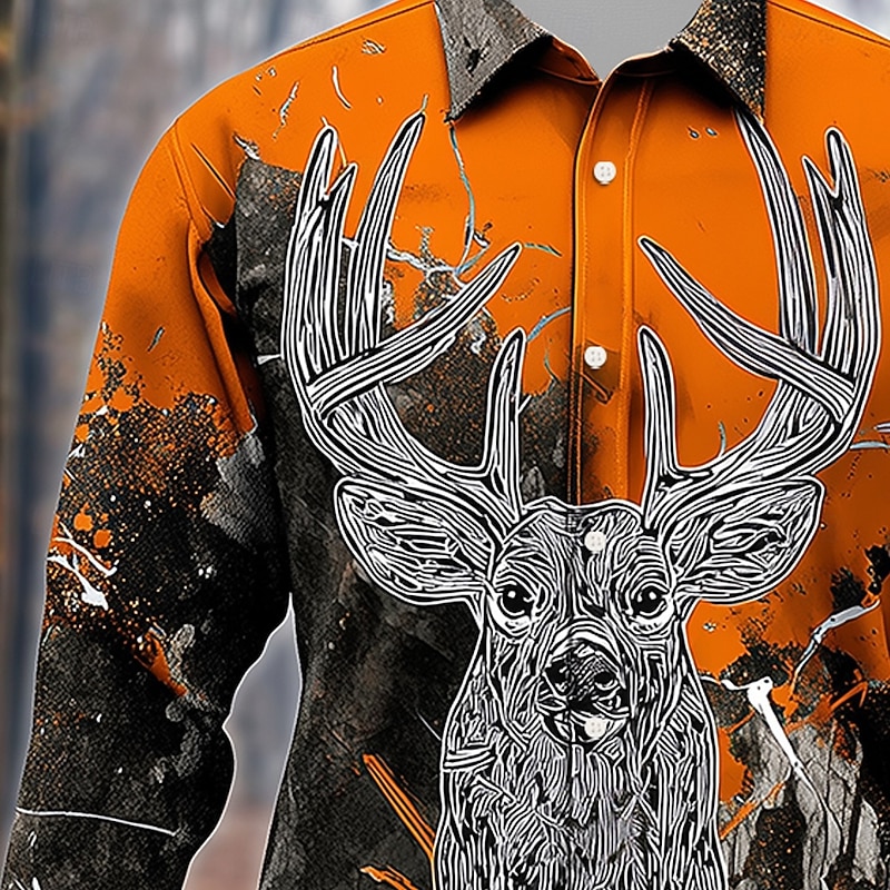 Men's Camo Reindeer Camouflage Shirt Button Up Shirt Long Sleeve Vintage Retro Outdoor Camping & Hiking Hunting Spring Fall Turndown 3D Print Linen Like Shirt Orange2