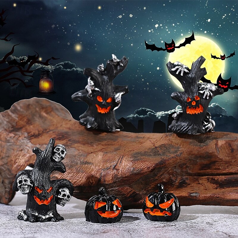 9pcs Halloween Tree Monster Micro Landscape Figurines, Spooky Pumpkin and Ghost Desktop Scene Decorations, Creepy Fairy Garden Accessories3