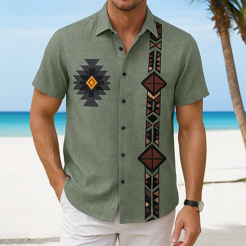 Men's Linen Shirt Summer Shirt Beach Wear Button Up Shirt Geometric Vacation Casual Green Short Sleeve Turndown Summer Spring Clothing Apparel