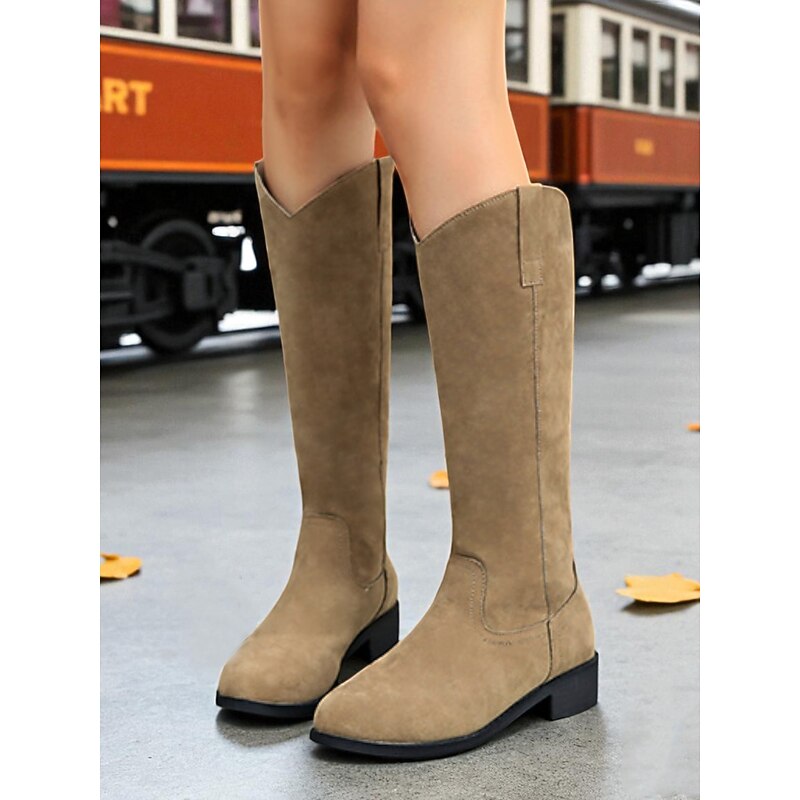 Women's Khaki Mid Calf Boots – Casual Western Style Low Heel Boots for Fall and Everyday Wear