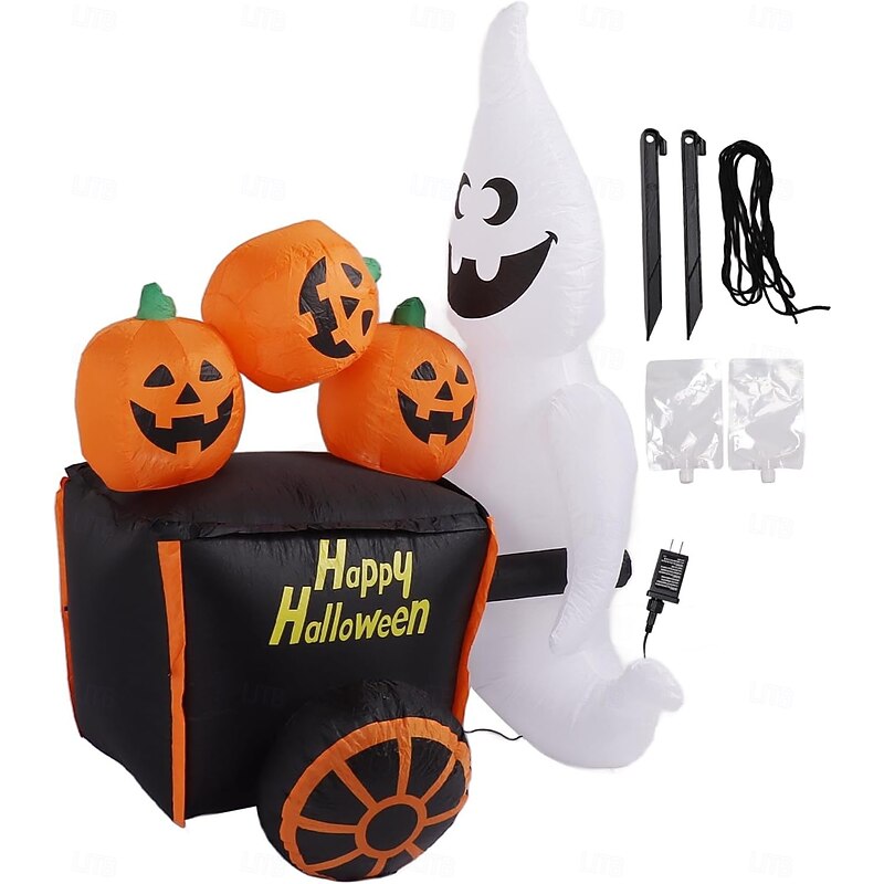 1 Pc 1.8M/6FT Halloween Ghost Pumpkin Cart with Inflatable Air Model Indoor and Outdoor Courtyard Lawn Party Halloween Festival Atmosphere Decorative Light EU/US/UK/AU Plug3