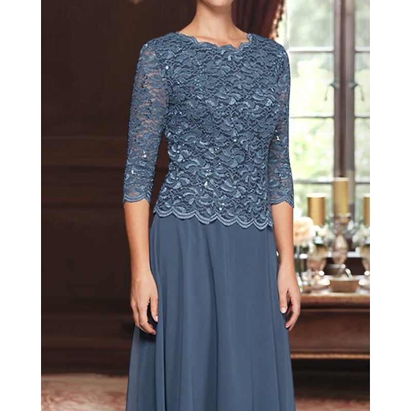 A-Line Mother of the Bride Dress Elegant Simple Minimalist Boat Neck Knee Length Chiffon Lace 3/4 Length Sleeve with Lace Sequin Embroidery2