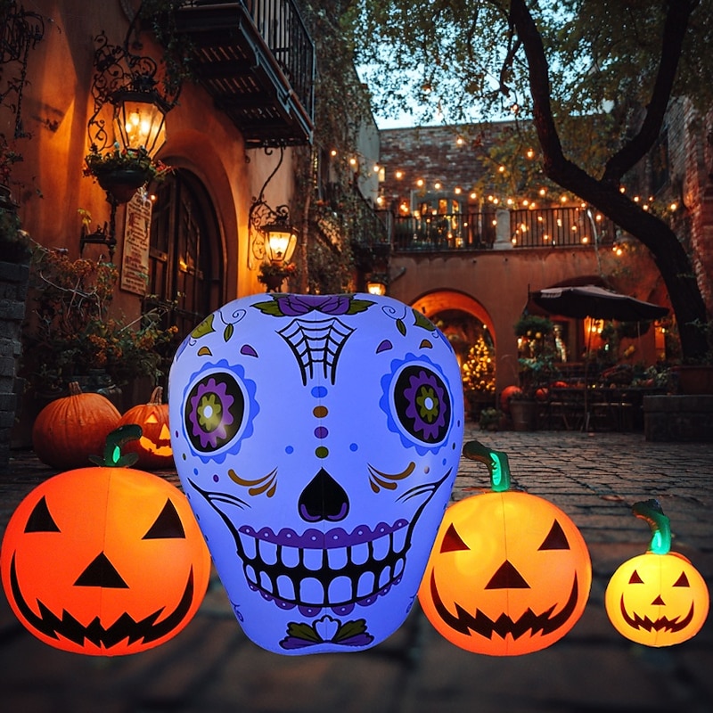 1 Pc 1.4M * 2.6M Halloween Waterproof LED RGB Luminous PVC Inflatable Skull Pumpkin Air Model Indoor and Outdoor Courtyard Garden Lawn Party Halloween Festival Atmosphere Decorative Light AAA Battery