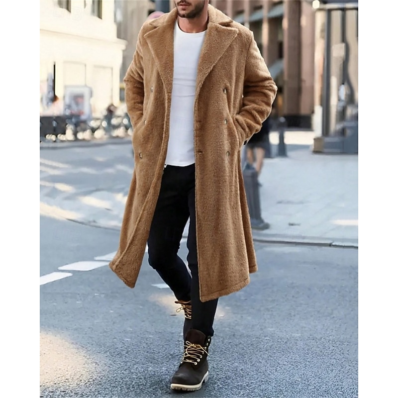 Men's Fleece Jacket Overcoat Trench Coat Long Trench Coat Vacation Daily Fall Winter Polyester Thermal Warm Outerwear Clothing Apparel Fashion Classic Plain Pocket Lapel Double Breasted