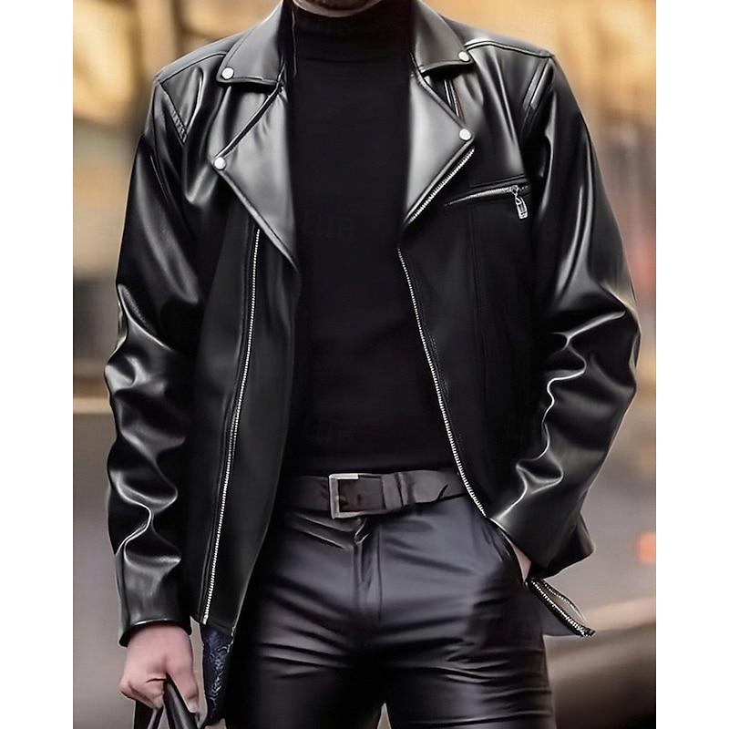Men's Faux Leather Jacket Biker Jacket Motorcycle Jacket Vacation Daily Windproof Warm Pocket Fall & Winter Plain Fashion Classic Lapel Regular Black Red Jacket