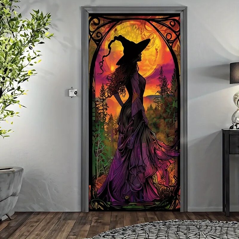 Halloween Door Cover Outdoor Banners Pumpkin Witch Psychedelic Dark Punk Gothic Style Party Outdoor Shooting Backgrounds Front Door Wall Porch Home Decor4
