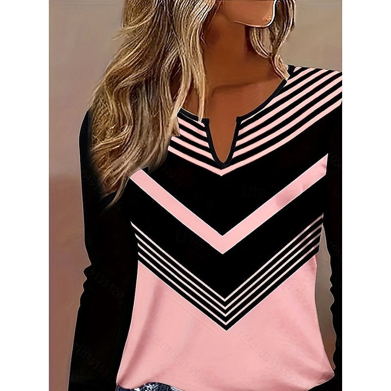 Women's T Shirt Ombre Graphic Striped Vintage Stylish Classic Long Sleeve V Neck Notched Neck Regular Tops Daily Weekend Print Pink Sky Blue Khaki Spring Fall2