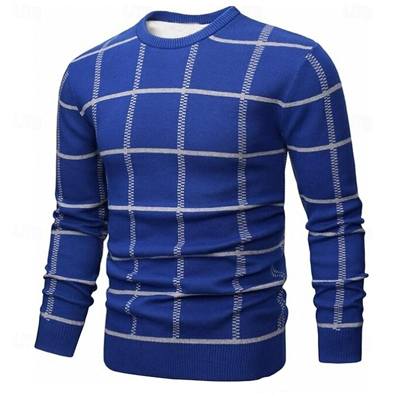 Men's Color Block Checkered Pullover Sweater Jumper Knitwear Crewneck Casual Vacation Daily 3D Print Keep Warm Long Sleeve Spring Fall Winter Navy Blue Blue Brown