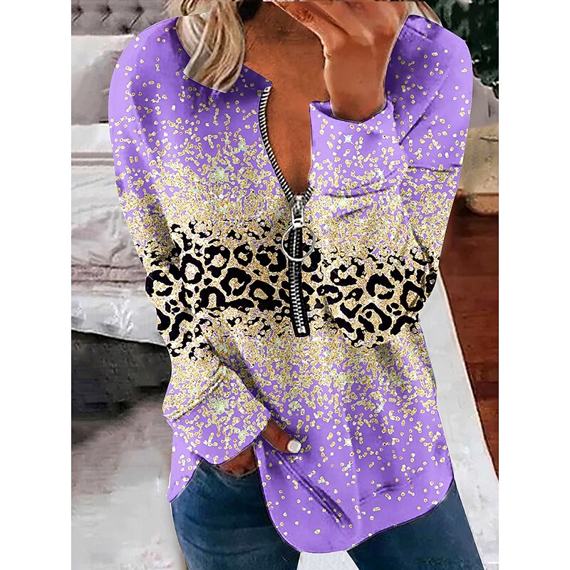 Women's Pullover Sweatshirt Zip Up Sweatshirts Graphic Animal Leopard Fashion Casual Long Sleeve Crew Neck Regular Tops Street Dailywear Zipper Print Light Pink Light Green Blue Purple Spring Fall3