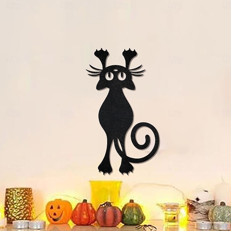 Halloween Decor Non-Woven Fabric Wall Sticker – Long-Tailed Black Cat Hanging Decoration, Perfect for Home Walls, Halloween Party and Festive Seasonal Displays