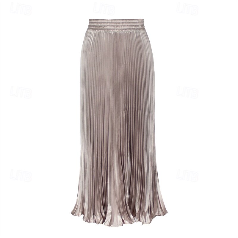 Women's Skirt A Line Fashion Casual Maxi High Waist Skirts Plain Pleated Micro-elastic Casual Daily Weekend Wine Red Champagne Gold Summer Polyester3