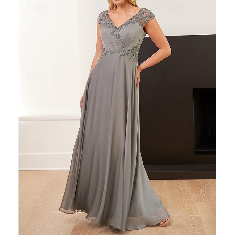 Floral Embroidered A-Line Mother of the Bride Dress Elegant Simple Minimalist V Neck Floor Length Chiffon Satin Cap Sleeve with Corded Lace Applique