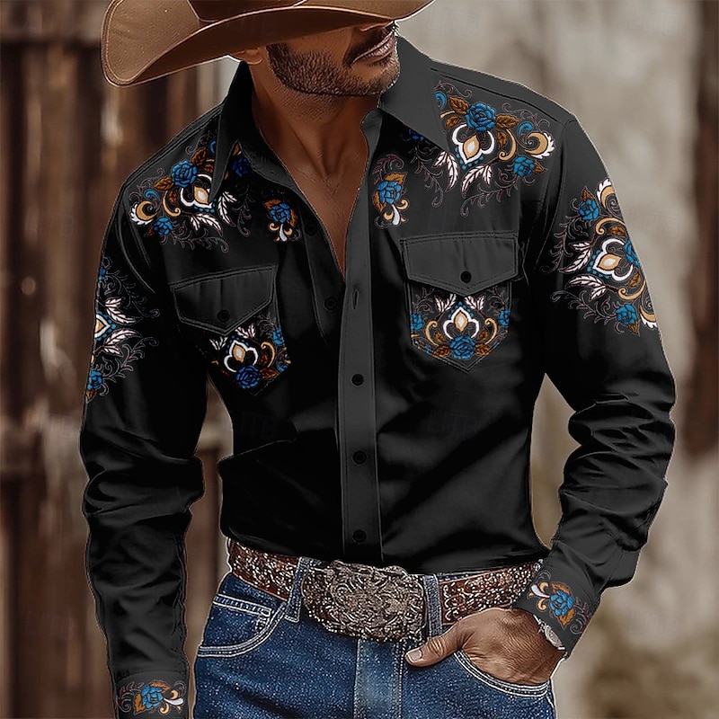 Men's Floral Print Ethnic Flowers Shirt Western Shirt Cowboy Shirt Long Sleeve Vintage Retro Outdoor Casual WorkWear Spring Fall Turndown Front Two Pockets Button Up Shirts Light Khaki Black Blue4