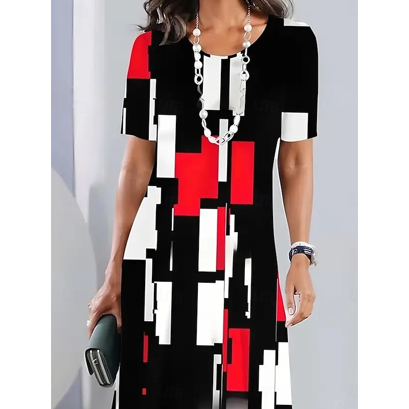 Women's Elegant Party Evening Midi Dress Crew Neck Short Sleeve Shift Dress A Line Dress Casual Boho Daily Regular Fit Graphic Geometric Plaid Black Summer Spring Fall2