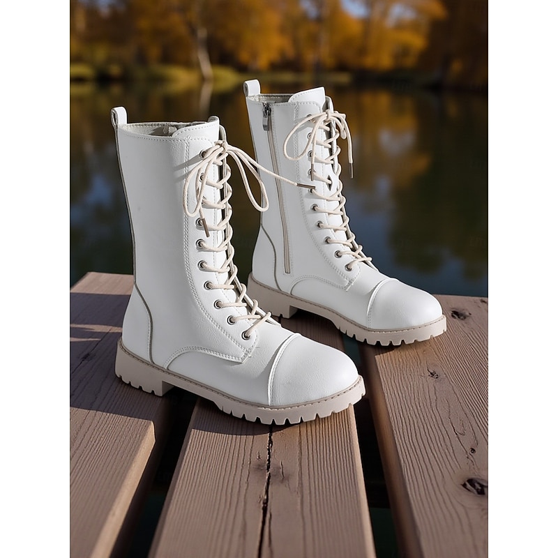 Women's White Lace-Up Combat Boots with Side Zipper , Stylish Urban Fashion Footwear