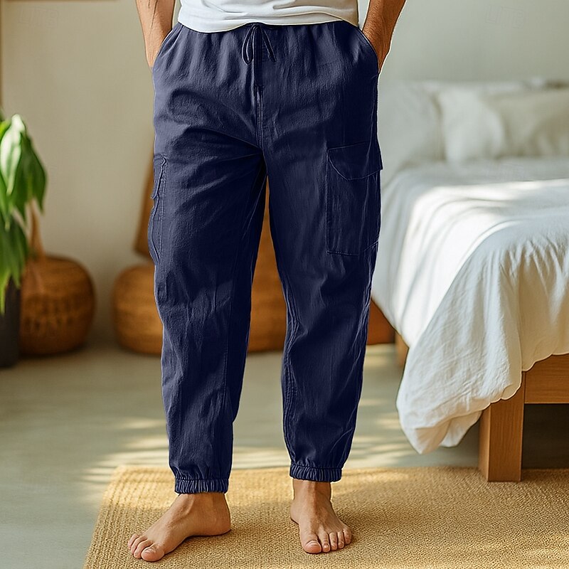 Men's Cargo Pants Trousers Baggy Pants Elastic Cuff Plain Comfort Breathable Full Length Casual Daily Holiday Vacation Fashion Black White Inelastic