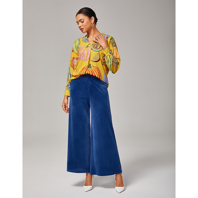 Women's Wide Leg Trousers Casual High Stretch Corduroy Ribbed Texture Elastic Waistband Blue Elastane4