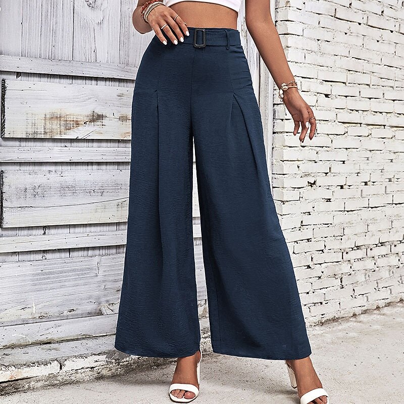 Women's Wide Leg Vacation Vintage Ethnic Style Full Length Mid Waist Plain Micro-elastic Vacation Home Office Coffee brown Black Navy Blue Army Green Spring Fall Regular Fit2