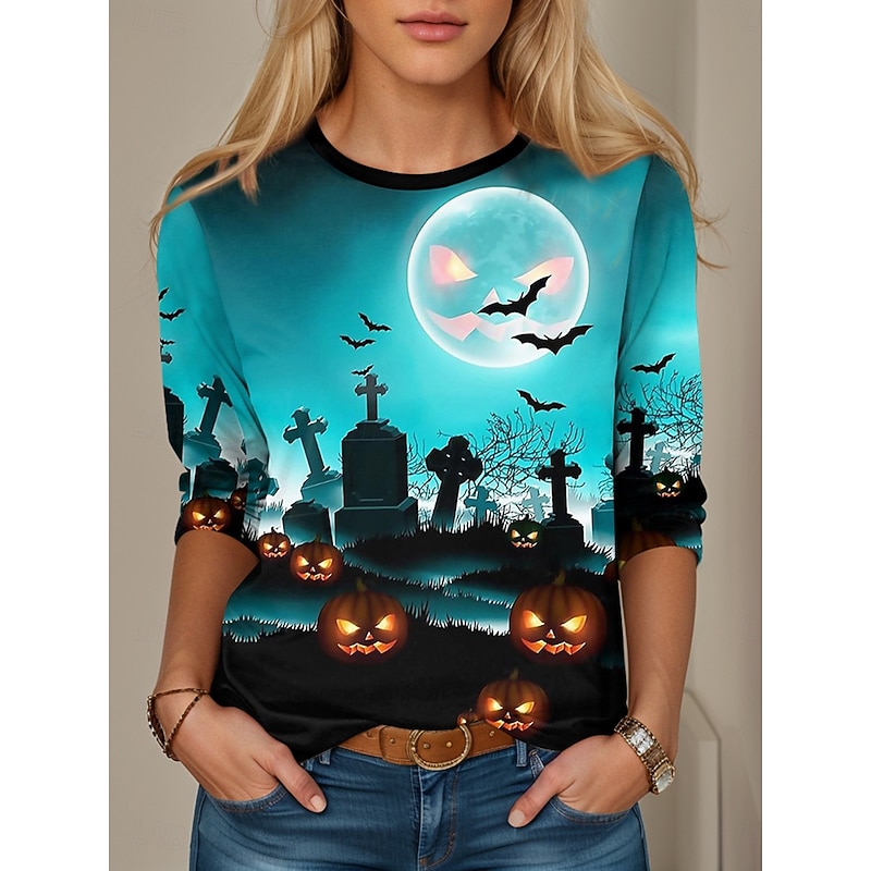 Halloween Women's T shirt Pumpkin Graphic Vintage Stylish Casual Long Sleeve Crew Neck Regular Tops Daily Print Black Blue Orange Fall Winter3