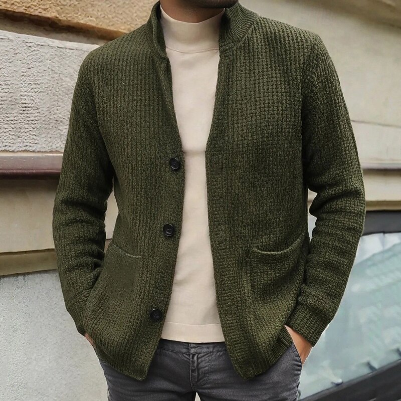 Men's Cardigan Sweater Cropped  Sweater Knit Sweater Ribbed Knit Regular Tops Button Up Pocket Plain Stand Collar Fashion Classic Vacation Daily Wear Clothing Apparel Fall Winter Black Navy Blue S M L3
