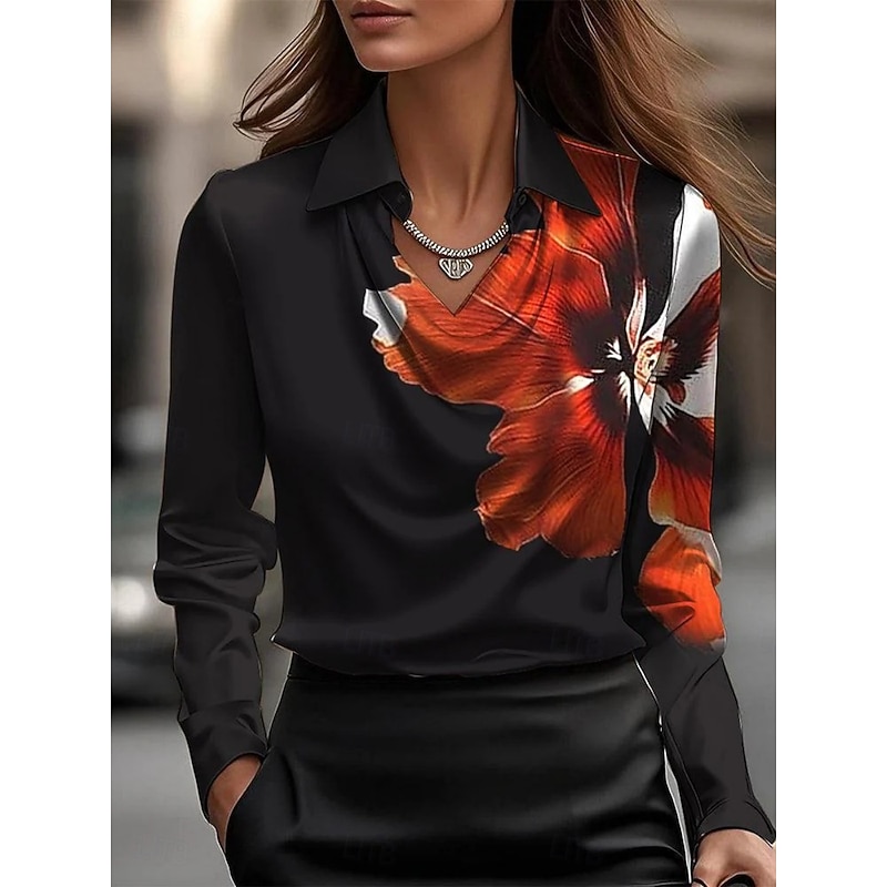 Women's Shirt Floral Graphic Elegant Stylish Basic Long Sleeve Shirt Collar Regular Tops Daily Print Black Navy Blue Blue Green Summer Spring Fall3