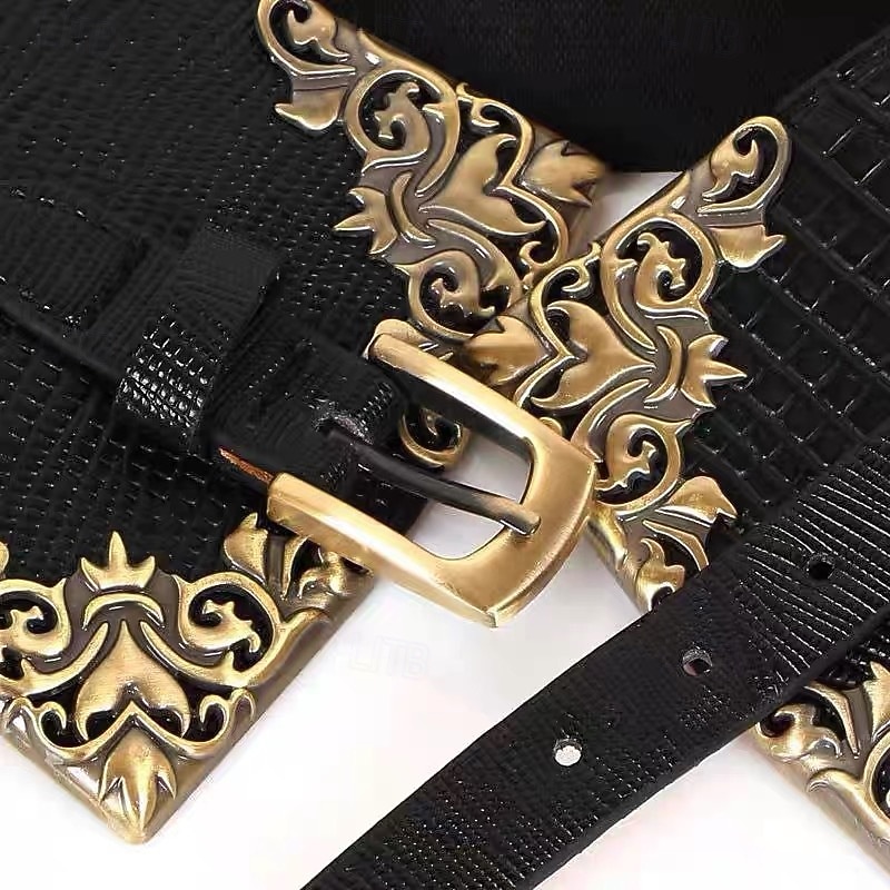 Women's Belt PU Black Wide Belt Daily Weekend Floral4