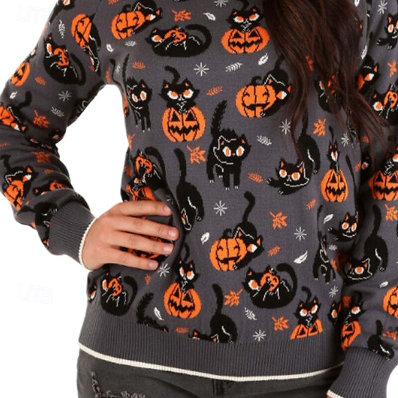 Women's Sweater Pullover Casual Pumpkin Ribbed Crew Neck Knitted Print Long Sleeve Regular Tops Knit Halloween Daily Going out Dark Gray Winter3