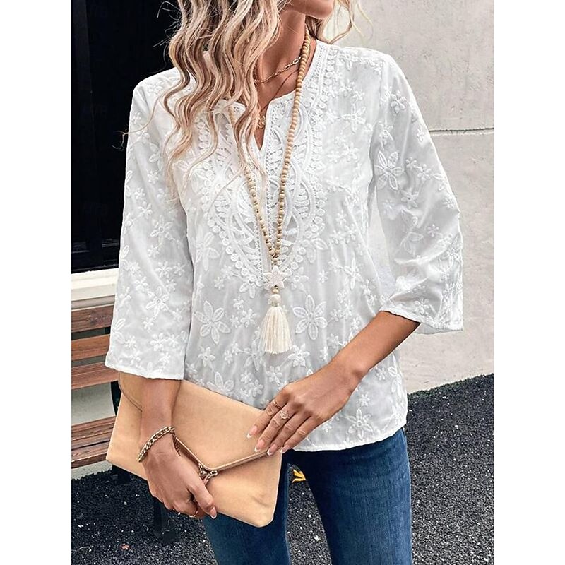 Women's Boho Shirt Dressy Tops Solid Color Floral Casual Boho 3/4 Length Sleeve Elbow Sleeve Bell Sleeve V Neck Regular Tops Daily Going out Embroidered White Summer Fall3