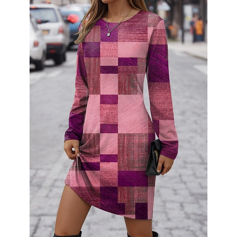 Women's Mini Dress T Shirt Dress Tee Dress Shift Dress Casual Daily Regular Fit Graphic Geometric Long Sleeve Crew Neck Red Blue Purple Brown Spring Fall Winter4