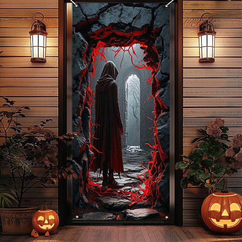 Halloween Door Cover Outdoor Banners Skeleton Grim Reaper Psychedelic Dark Punk Gothic Style Party Outdoor Shooting Backgrounds Front Door Wall Porch Home Decor4
