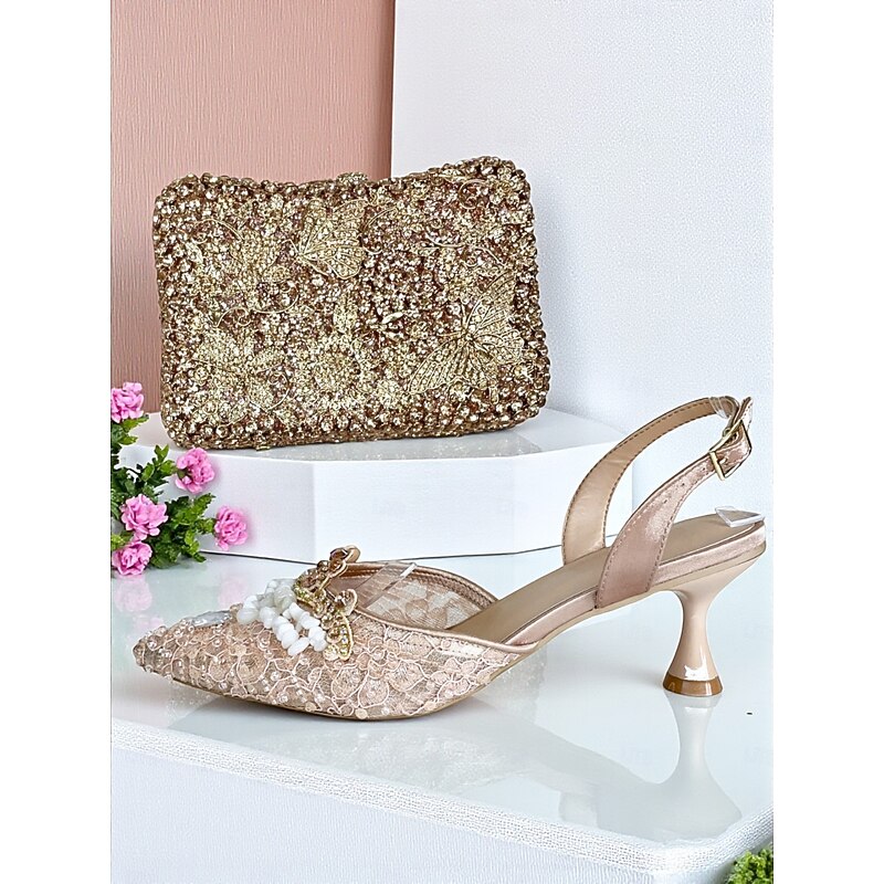 Women's Green Rhinestone Heel Shoes and Clutch Bag Set - Elegant Slingback Pumps and Handbag for Cocktail Party and Formal Occasion4