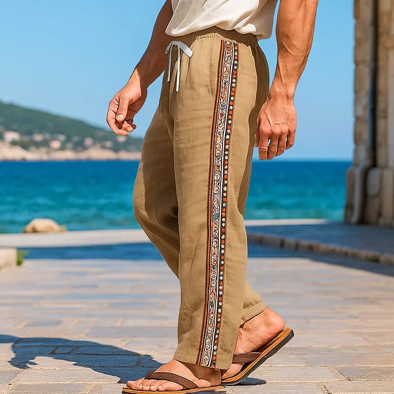 Men's Linen Pants Trousers Summer Pants Baggy Pants Boho Pants Drawstring Elastic Waist Print Plain Comfort Breathable Full Length Outdoor Casual Daily Fashion Classic Style Dark Khaki Inelastic