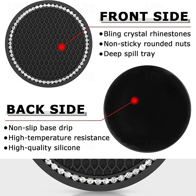 4PCS Universal Car Cup Holder Mats, Non-Slip Soft Crystal Diamond Interior Accessories, Vehicle Organizer Coasters for Drinks, Practical Car Decoration2