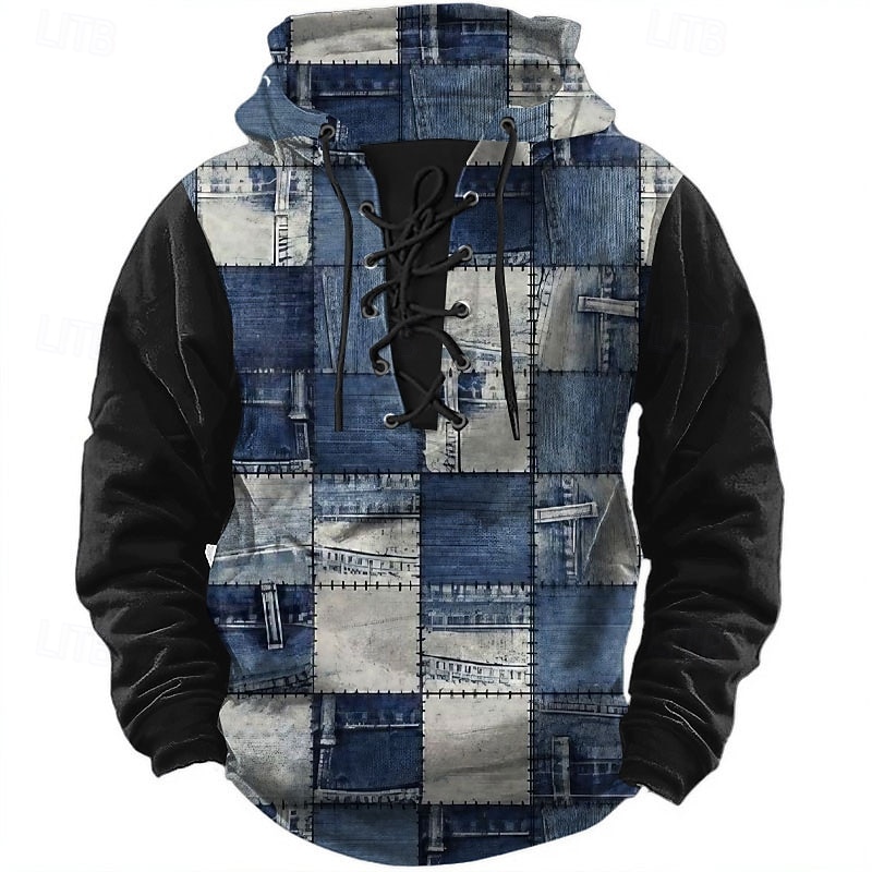 Men's Patchwork Hoodies Fashion Cool Long Sleeve Hooded Black Blue Drawstring Fall Winter Designer