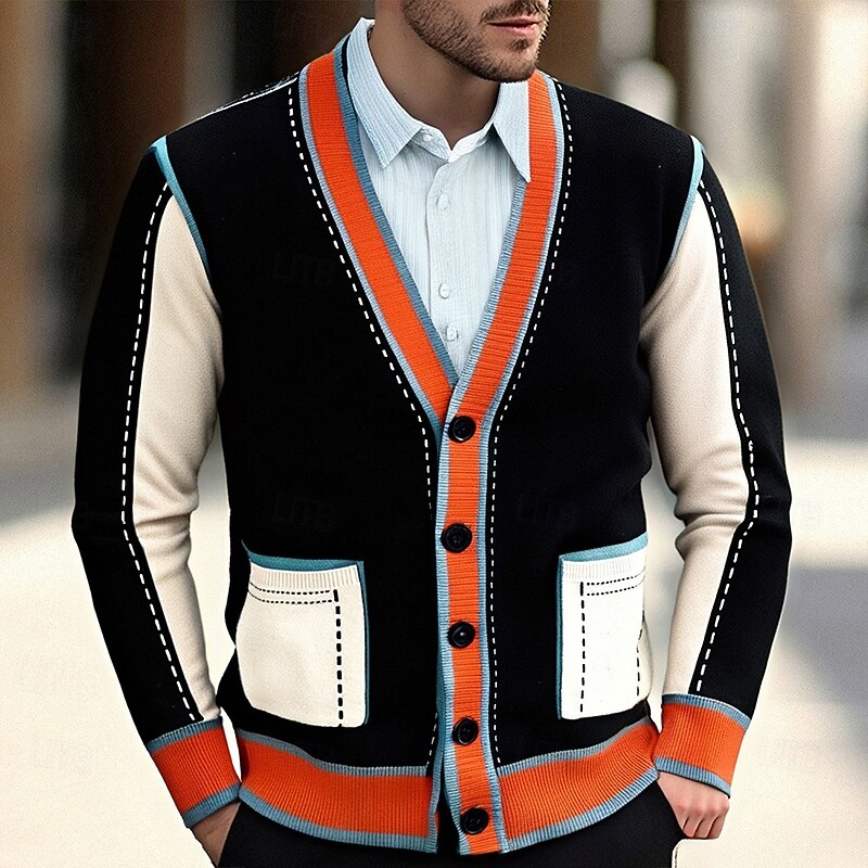 Men's Cardigan Sweater Cropped  Sweater Knit Sweater Ribbed Knit Regular Tops Pocket Buttons Color Block V Neck Fashion Classic Vacation Daily Wear Clothing Apparel Fall Winter Black khaki M L XL