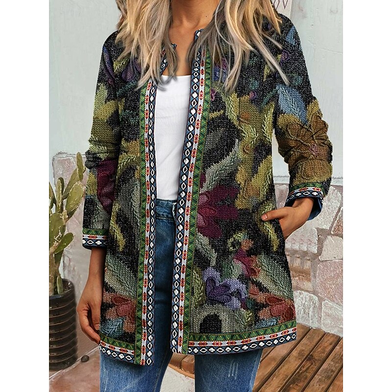 Women's Winter Coat Casual Jacket Warm Quick Dry Pocket Open Front Modern Floral Casual Daily Casual Daily Short Crewneck Regular Fit Long Sleeve Outerwear Red Navy Blue Green Spring Fall