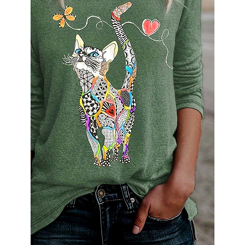 Women's T shirt Long Sleeve Floral Graphic Cat Vintage Stylish Classic Long Sleeve Crew Neck Regular Tops Daily Print Black Blue Green  Spring Fall Prefall3