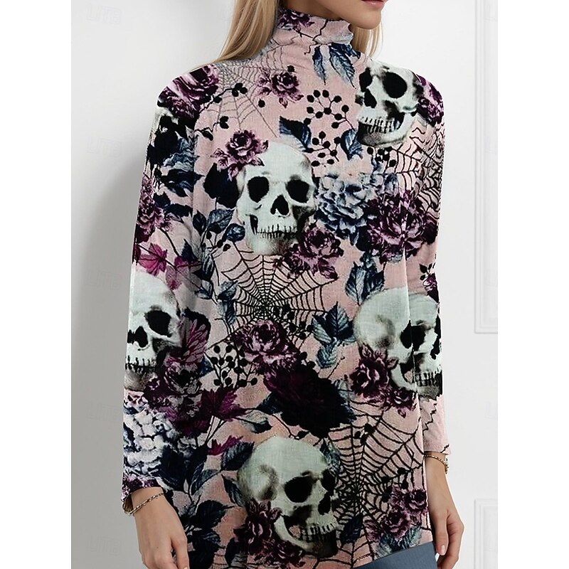 Halloween Women's Blouse Floral Graphic Elegant Active Stylish Long Sleeve Turtleneck Regular Tops Party Evening Wear Daily Going out Asymmetric Hem Pink Spring Fall Winter Spring, Fall3