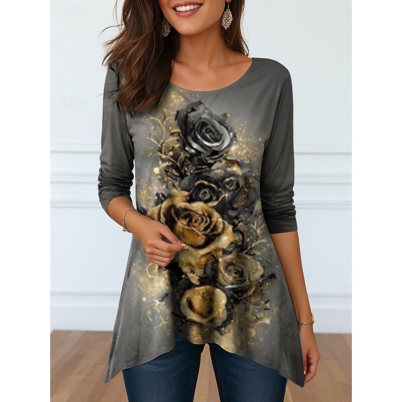 Women's T Shirt Graphic Geometric Vintage Stylish Casual Long Sleeve Crew Neck Long Tops Daily Print Asymmetrical White Blue Dusty Blue Gray Summer Spring2