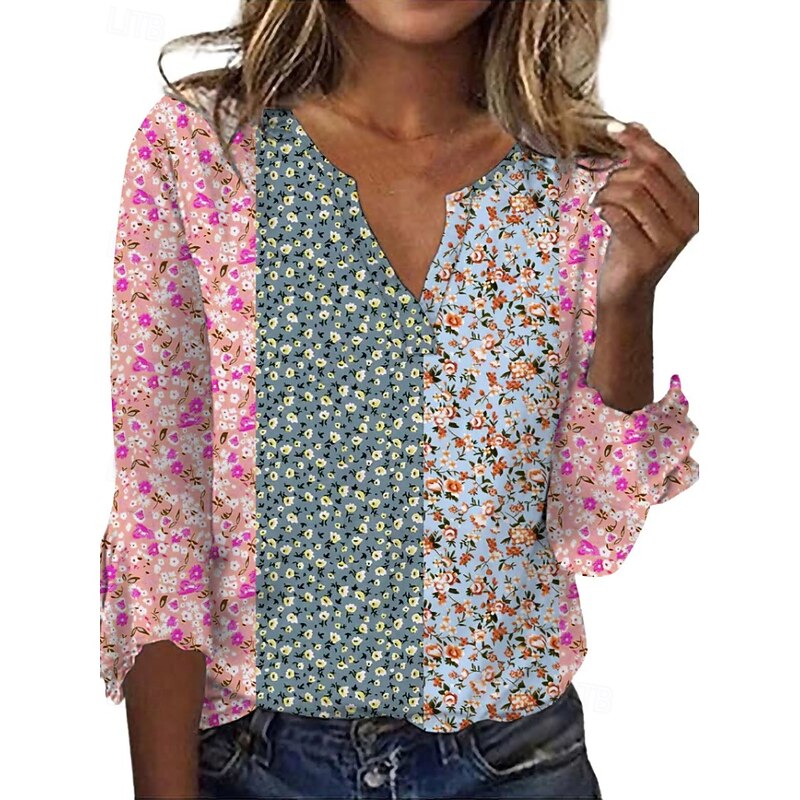 Women's T Shirt Floral Casual Long Sleeve V Neck Regular Tops Daily Going out Weekend Print White Pink Dusty Rose Red Green Fall