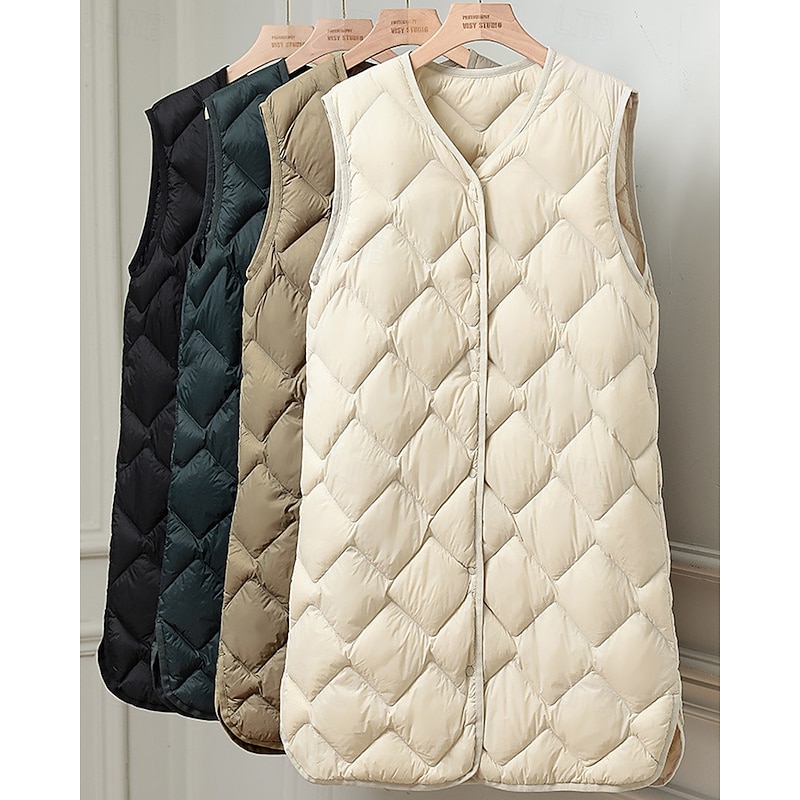 Women's Down Jacket Vest Warm Comfortable Pocket Buttons Casual Plain Outdoor Vacation Going out Casual Daily Single Breasted Long V Neck Regular Fit Sleeveless Outerwear Black Dark Green Khaki Fall