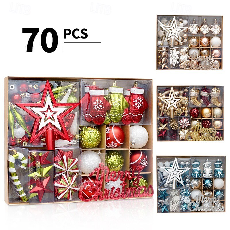 70 pcs Christmas Tree Balls Baubles Ornaments Xmas Decoration, Painted Star Top Hanging Set, Festive Holiday Tree Decor for Home Party