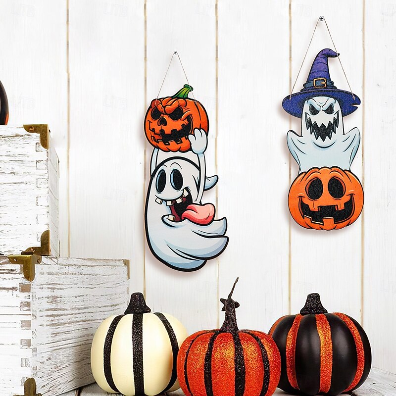 2PCS Halloween Wooden Wall Hangings – Colorful Cartoon Ghost & Pumpkin Decorative Signs, Indoor Party Decorations for Home, Family, and Halloween Themed Wall Display4