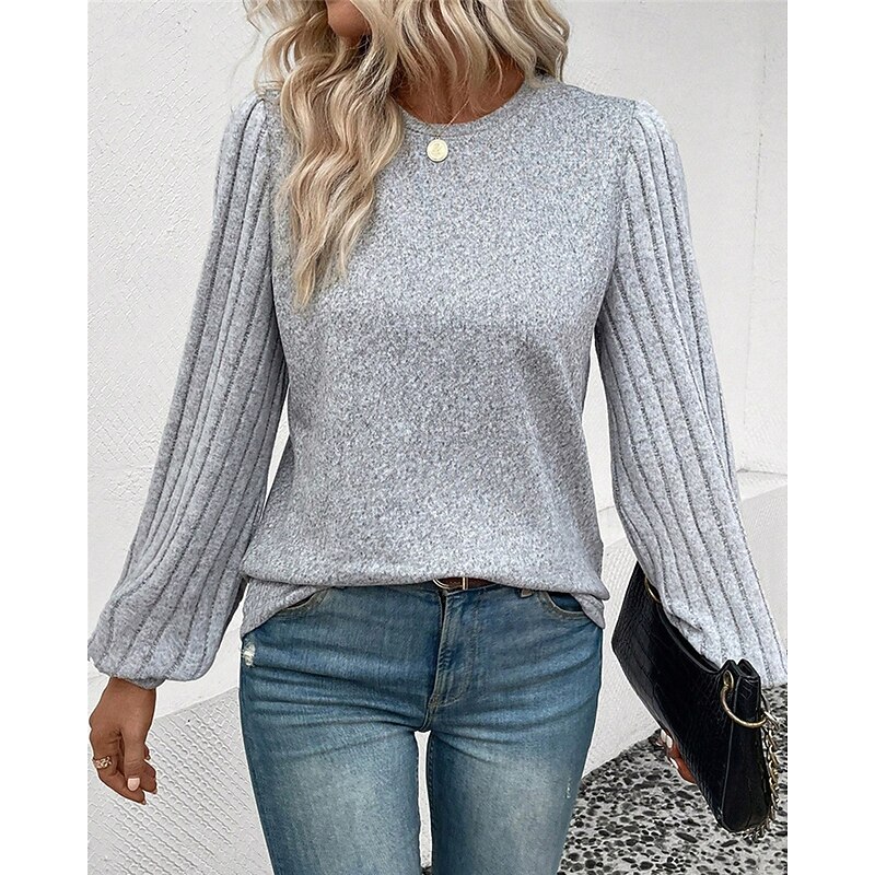 Women's Texture Blouse T Shirt Tee Top Plain Fashion Modern Long Sleeve Crew Neck Regular Tops Daily Going out Patchwork Gray Spring Fall