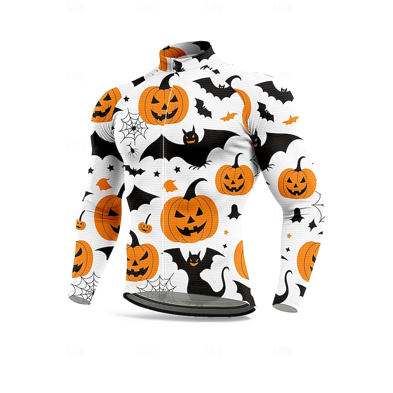 Men's Tops Cycling Jersey Graphic Halloween Halloween pumpkin Long Sleeve Bike Jersey Top with 3 Rear Pockets Sun Sun Protection Sunscreen Quick Dry Sports Orange Clothing Apparel