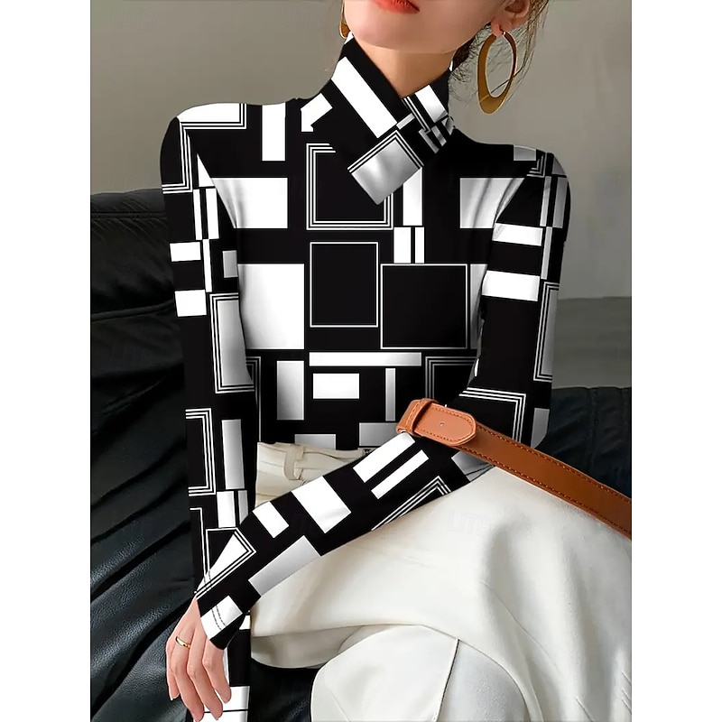 Women's T Shirt Graphic Geometric Elegant Vintage Stylish Long Sleeve High Neck Asymmetric Neck Regular Tops Daily Print Tiered Black Pink Blue Purple Green Spring Fall Winter