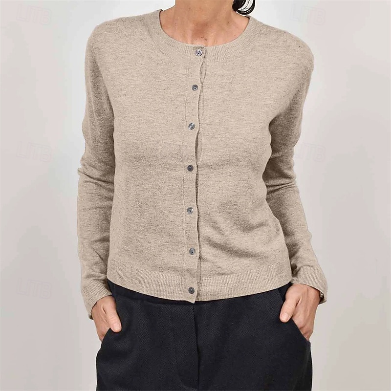 Women's Sweater Fashion Solid Color Ribbed Crew Neck Buttons Knitted Long Sleeve Regular Tops Knit Holiday Going out Weekend Blue Camel Fall - Main Image